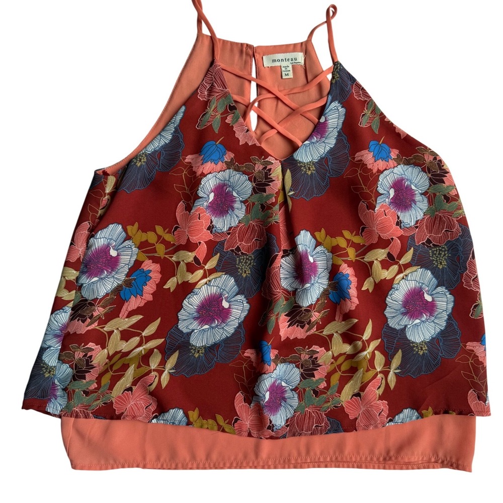 Monteau Los Angeles Floral Halter Tank Top Red Strappy V-Neck Blouse Medium